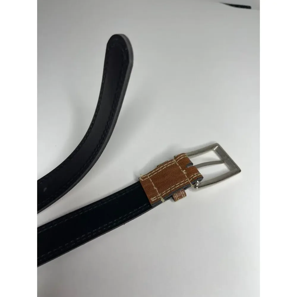 Vintage Women’s Brown Faux Leather Belt, Silver Buckle, Contrast Stitching 41.5”